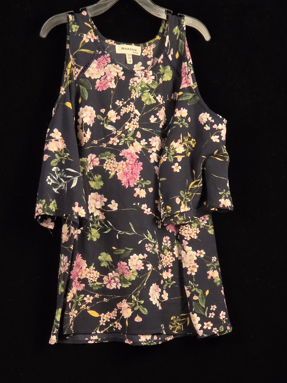 #153 Monteau M Black Pink Floral Cold Shoulder Flutter Sleeve Top
